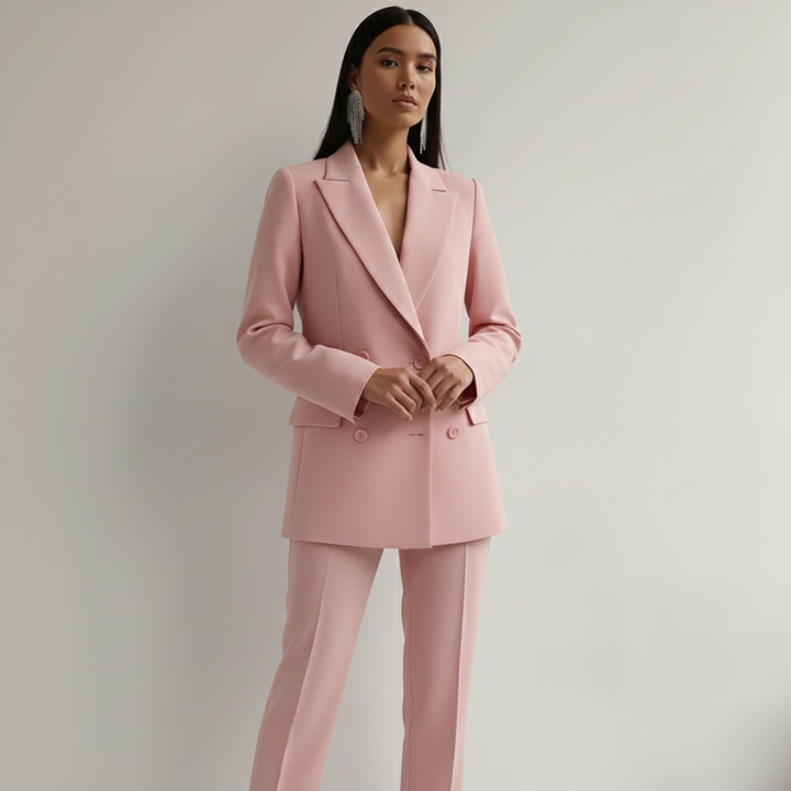 Model presenting a pink women’s pantsuit with a fitted blazer and matching trousers against a neutral backdrop.