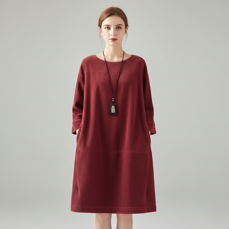 Woman wearing a red long-sleeve loose-fit dress with pockets and a relaxed silhouette in a neutral studio setting.
