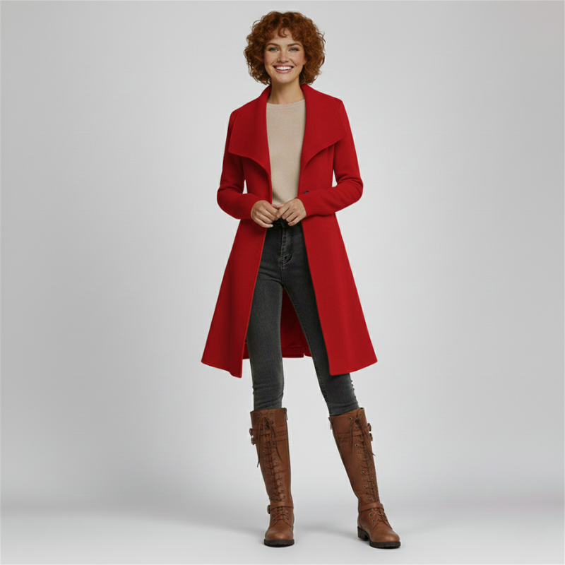 Woman wearing a red coat, beige top, black pants, and brown boots on a light gray background