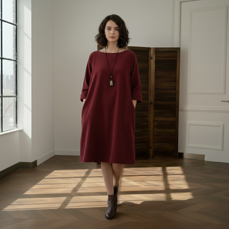 Full-body indoor shot of a woman wearing a red oversized dress with pockets in natural light.