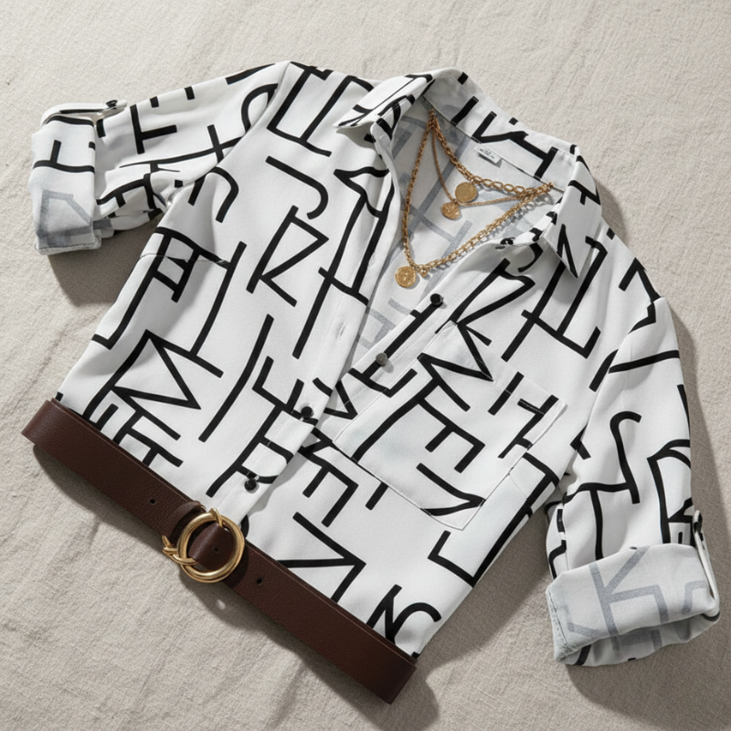 White shirt with black geometric pattern, brown belt, and gold necklace on a beige surface