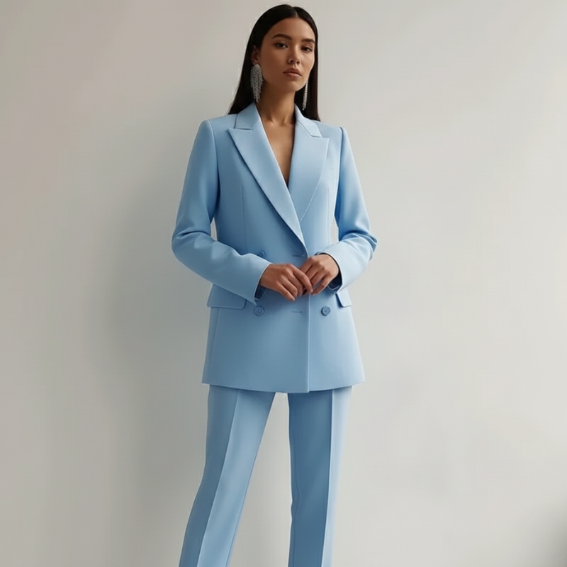 Light blue blazer and matching trousers shown on a model standing upright against a neutral background.