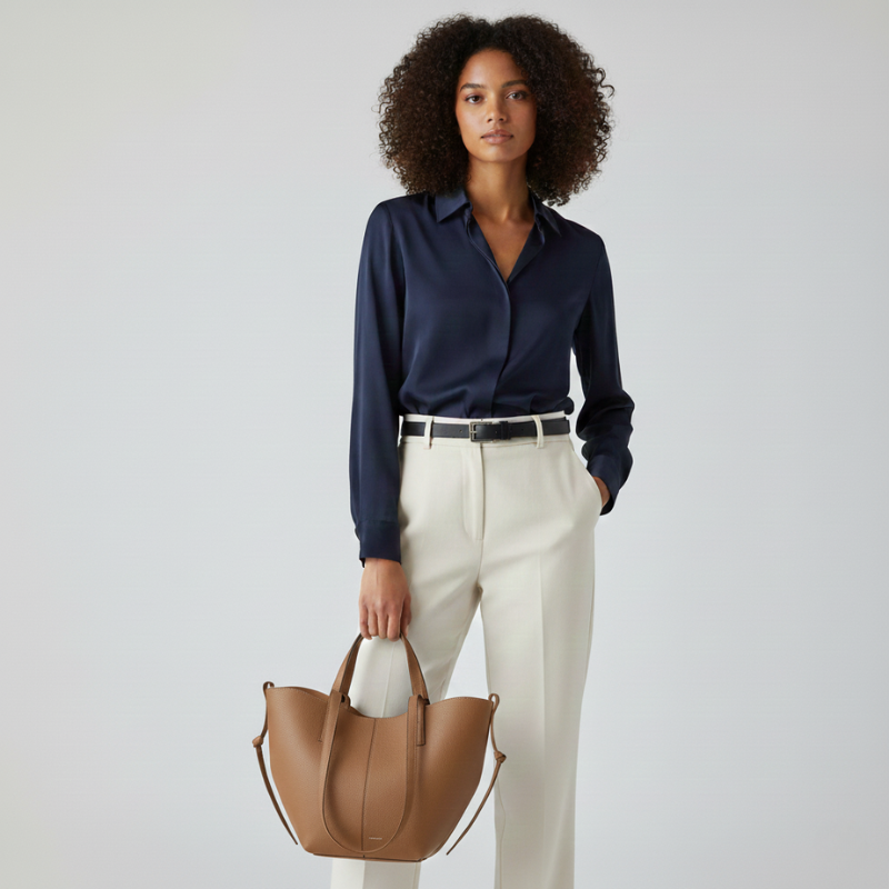 Woman holding a tan leather tote bag paired with a casual everyday outfit.