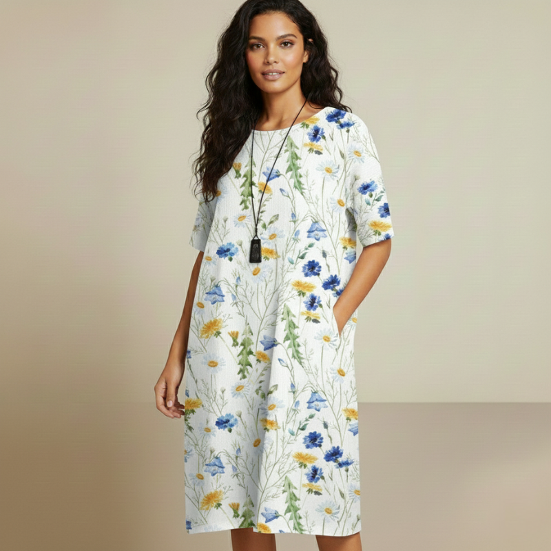 Female model in a white floral midi dress with multi-color botanical patterns in soft studio lighting.