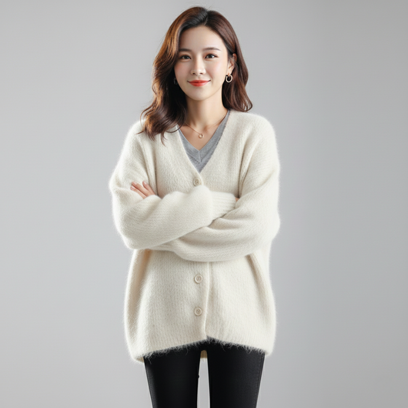 Female model in a white oversized knit sweater with long sleeves and a minimal relaxed look.