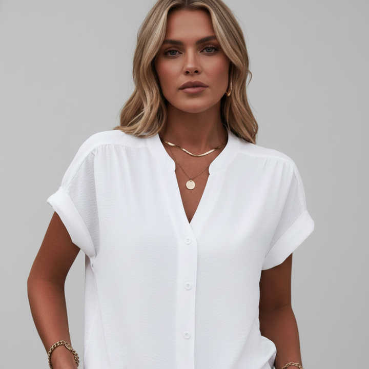 Front view of a woman wearing a white relaxed-fit blouse featuring a soft V-neck and short sleeves.