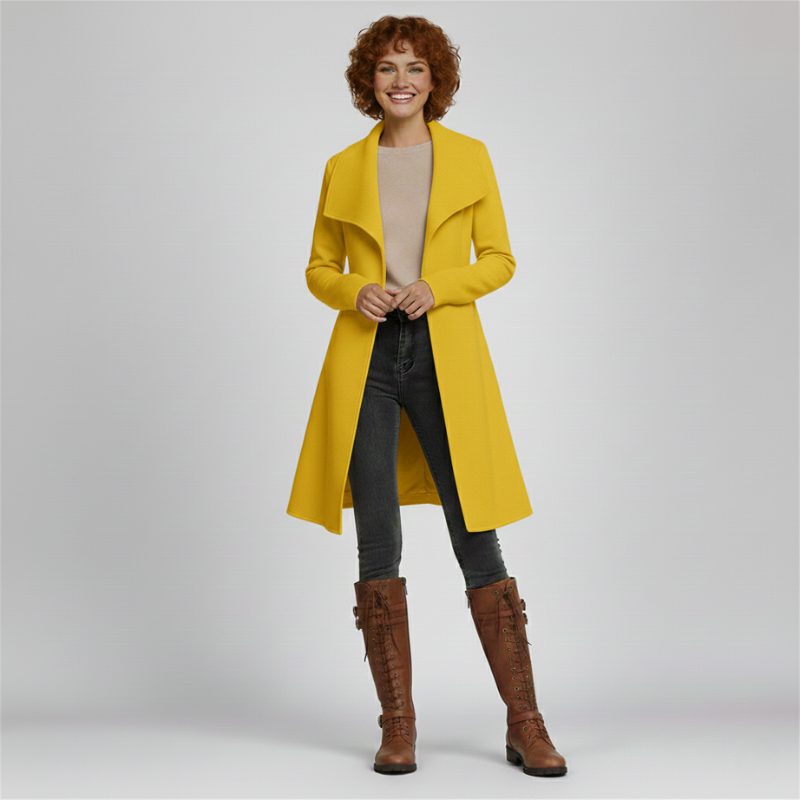 Woman wearing a yellow coat, beige top, black pants, and brown boots on a light gray background