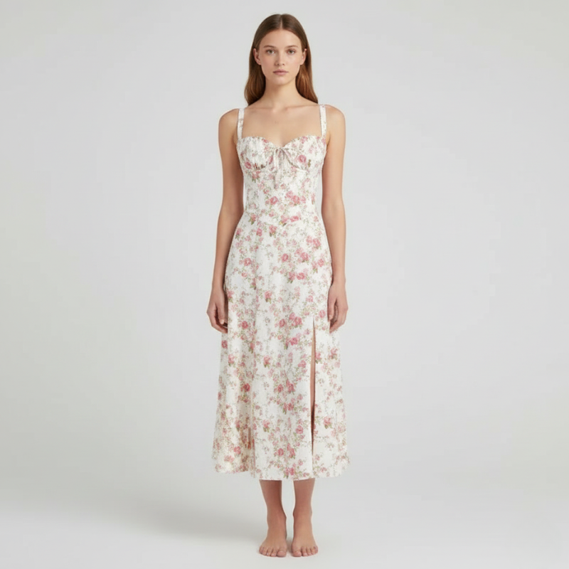 Woman wearing a floral dress on a plain background